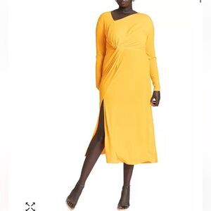 Eloquii Twist Detail Fit Flare Neon Orange Asymmetrical Long Sleeve Gown 14 NWT